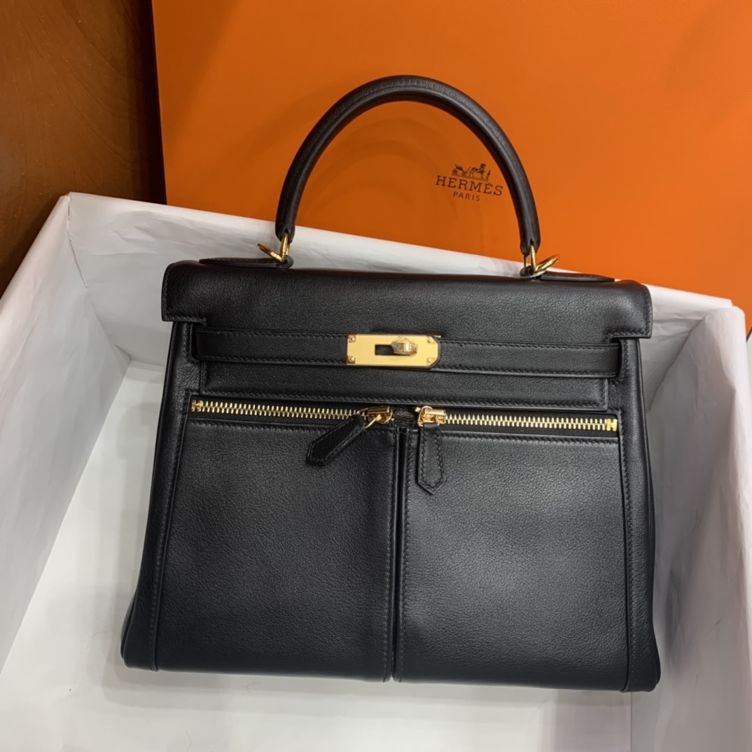 Hermès（爱马仕）Kelly Lakis Swift 黑色 金扣 28cm