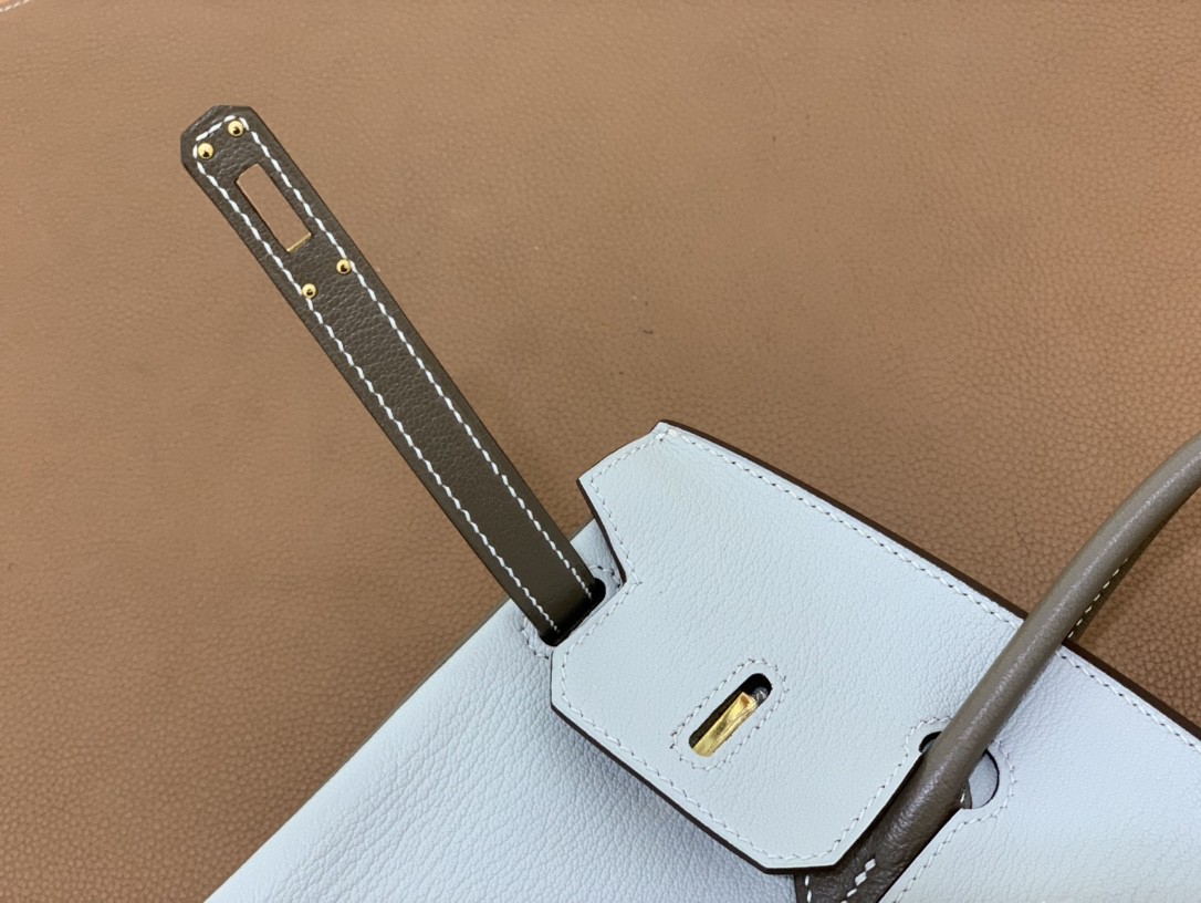 Hermès（爱马仕）Birkin 铂金包 山羊皮 珍珠灰 拼 大象灰 金扣 25cm