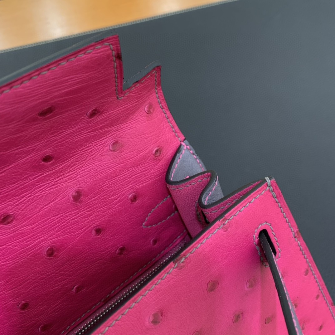 Hermès（爱马仕）Kelly 凯莉包 鸵鸟皮 桃红 拼 玛瑙灰 银扣 25cm