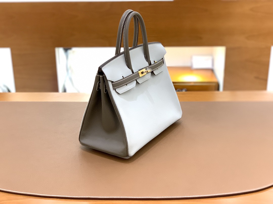 Hermès（爱马仕）Birkin 铂金包 山羊皮 珍珠灰 拼 大象灰 金扣 25cm