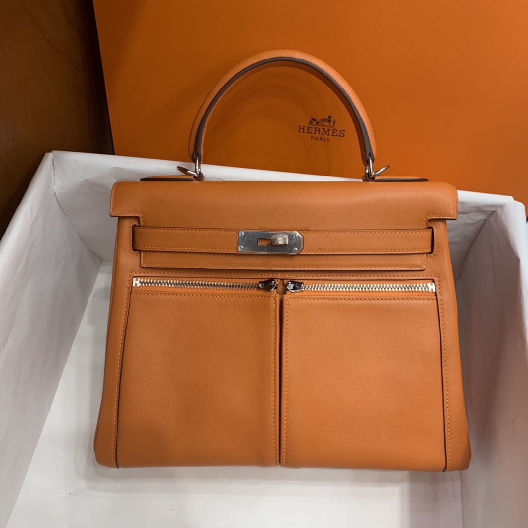 Hermès（爱马仕）Kelly Lakis Swift 橙色 银扣 28cm