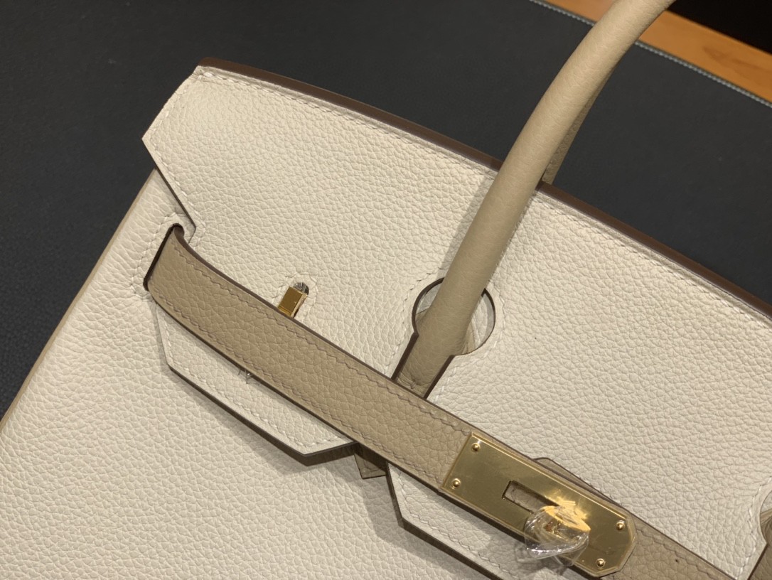 Hermès（爱马仕）Birkin 铂金包 Togo 奶昔白 拼 风衣灰 金扣 30cm