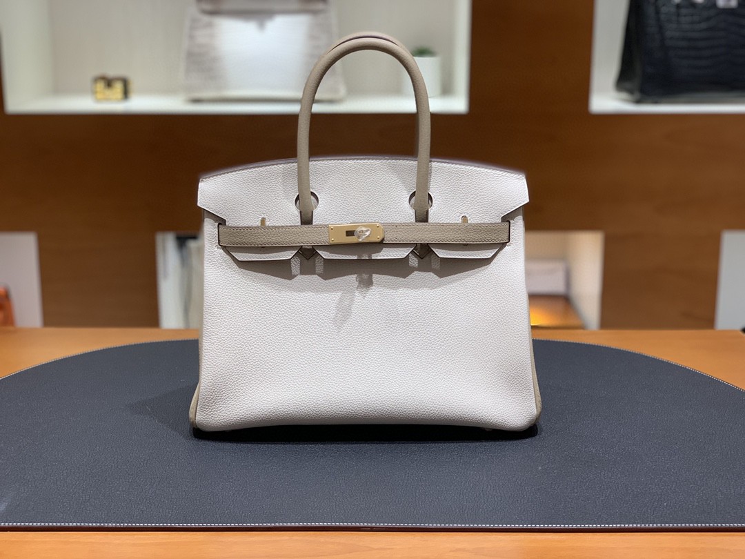 Hermès（爱马仕）Birkin 铂金包 Togo 奶昔白 拼 风衣灰 金扣 30cm