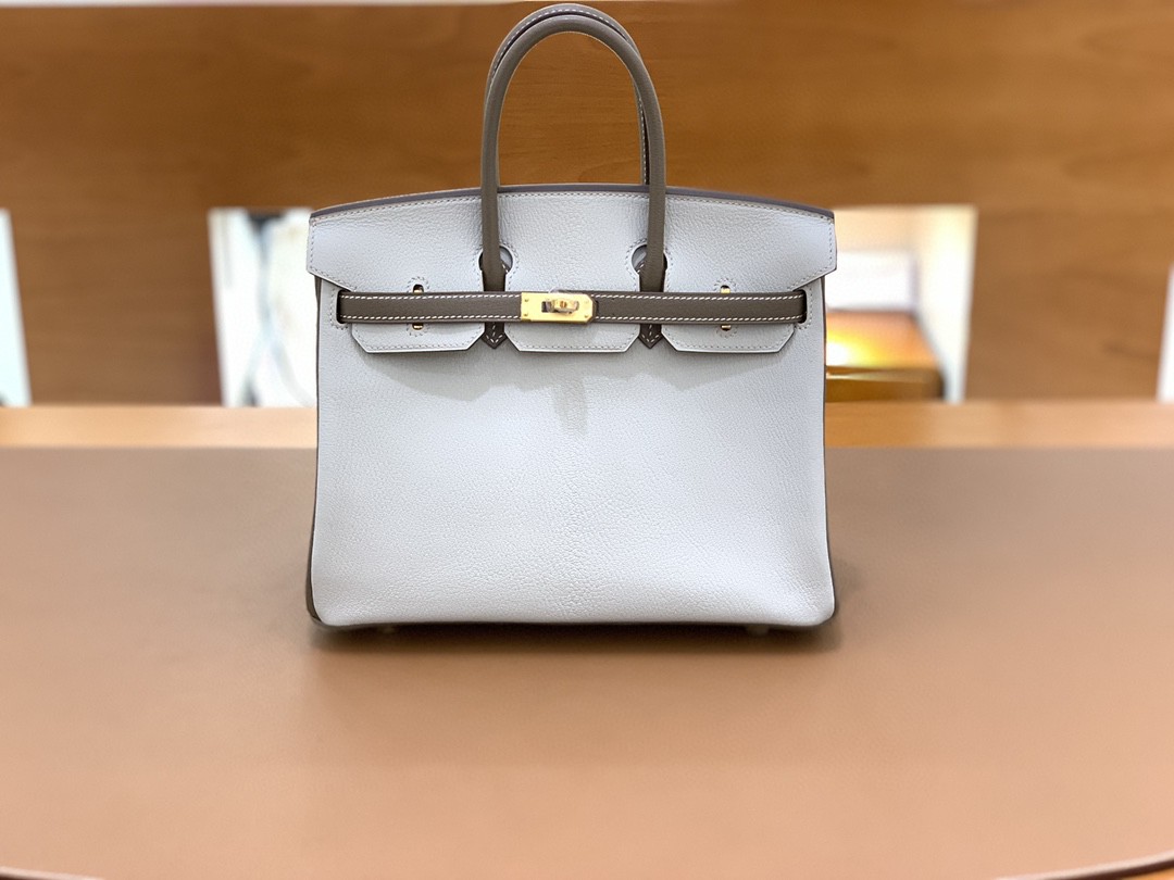 Hermès（爱马仕）Birkin 铂金包 山羊皮 珍珠灰 拼 大象灰 金扣 25cm