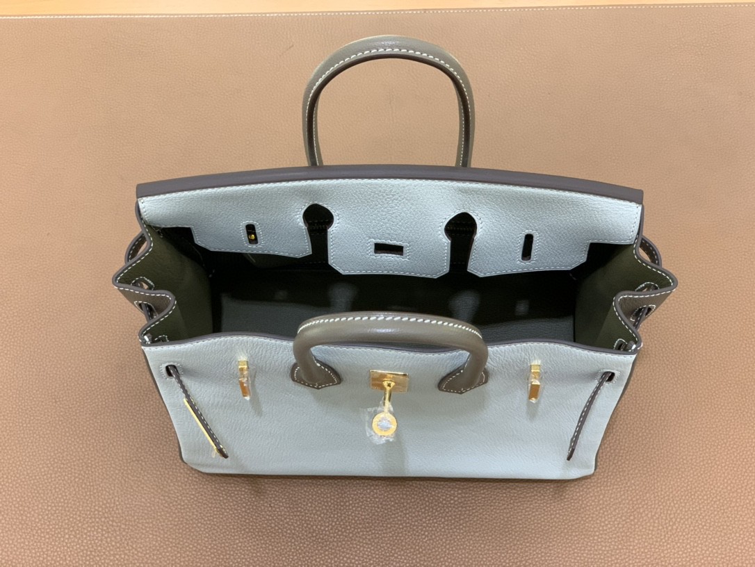 Hermès（爱马仕）Birkin 铂金包 山羊皮 珍珠灰 拼 大象灰 金扣 25cm