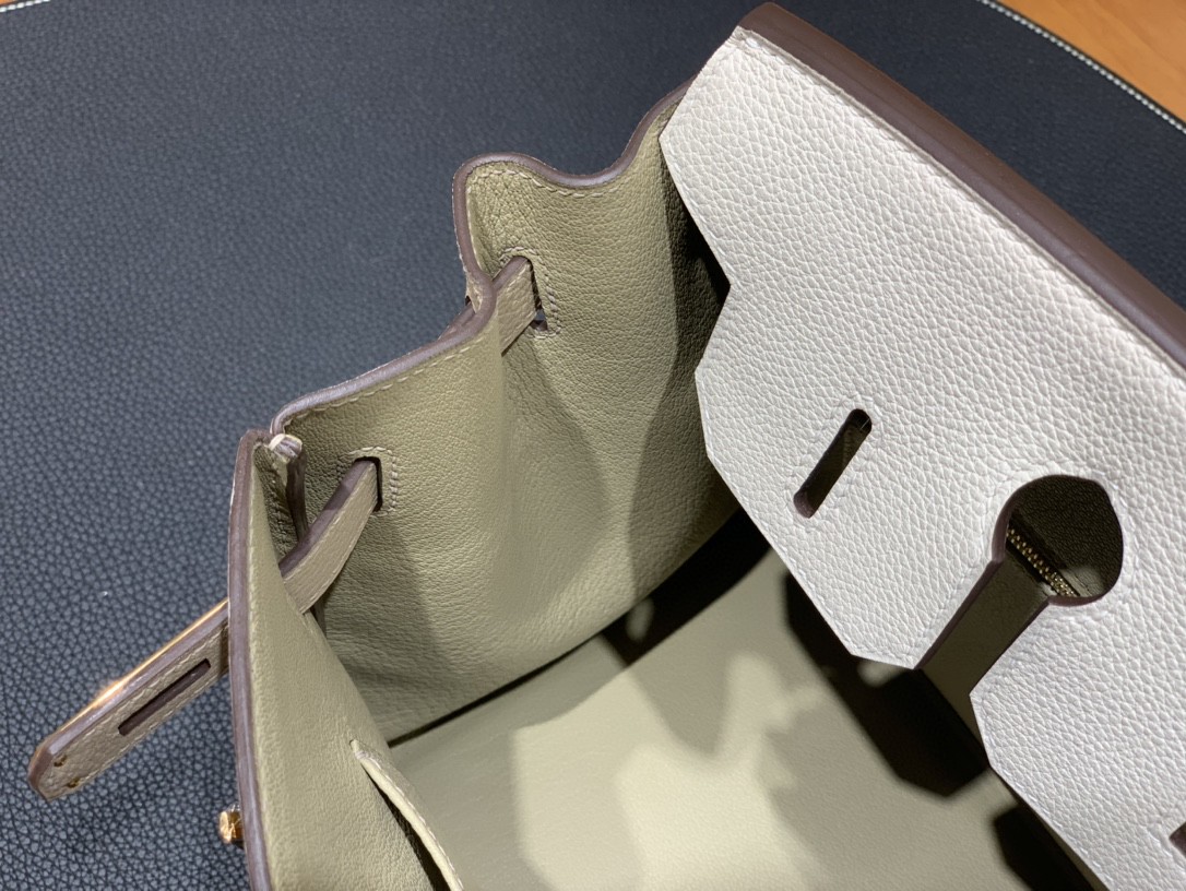 Hermès（爱马仕）Birkin 铂金包 Togo 奶昔白 拼 风衣灰 金扣 30cm