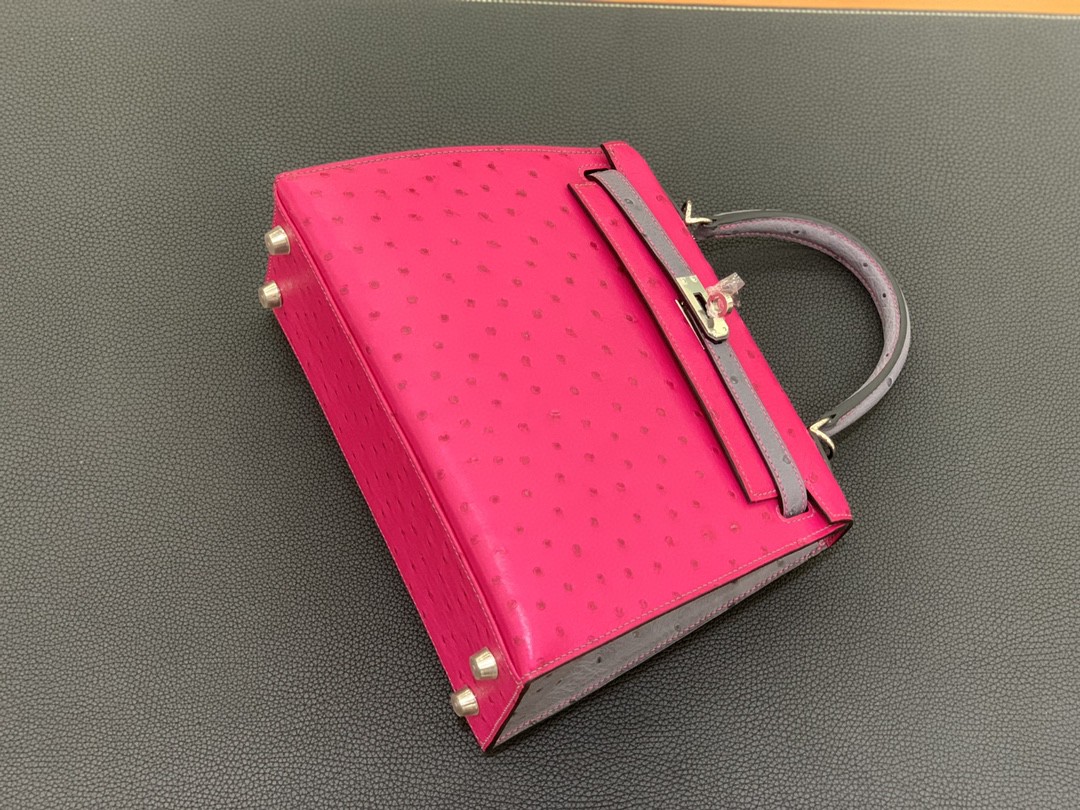 Hermès（爱马仕）Kelly 凯莉包 鸵鸟皮 桃红 拼 玛瑙灰 银扣 25cm