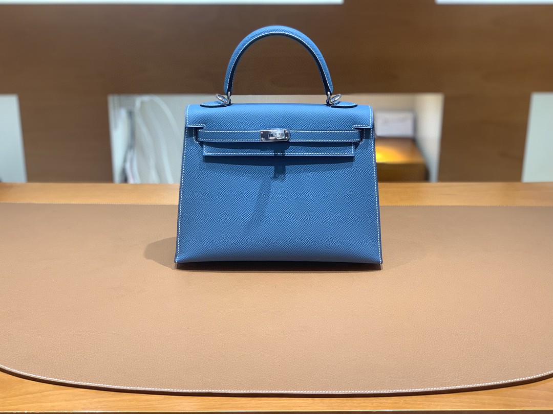 Hermès（爱马仕）Kelly 凯莉包 Epsom 牛仔蓝 银扣 25cm