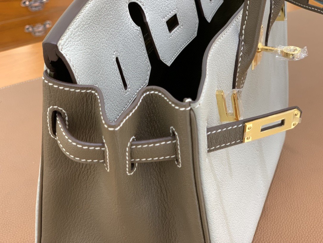 Hermès（爱马仕）Birkin 铂金包 山羊皮 珍珠灰 拼 大象灰 金扣 25cm