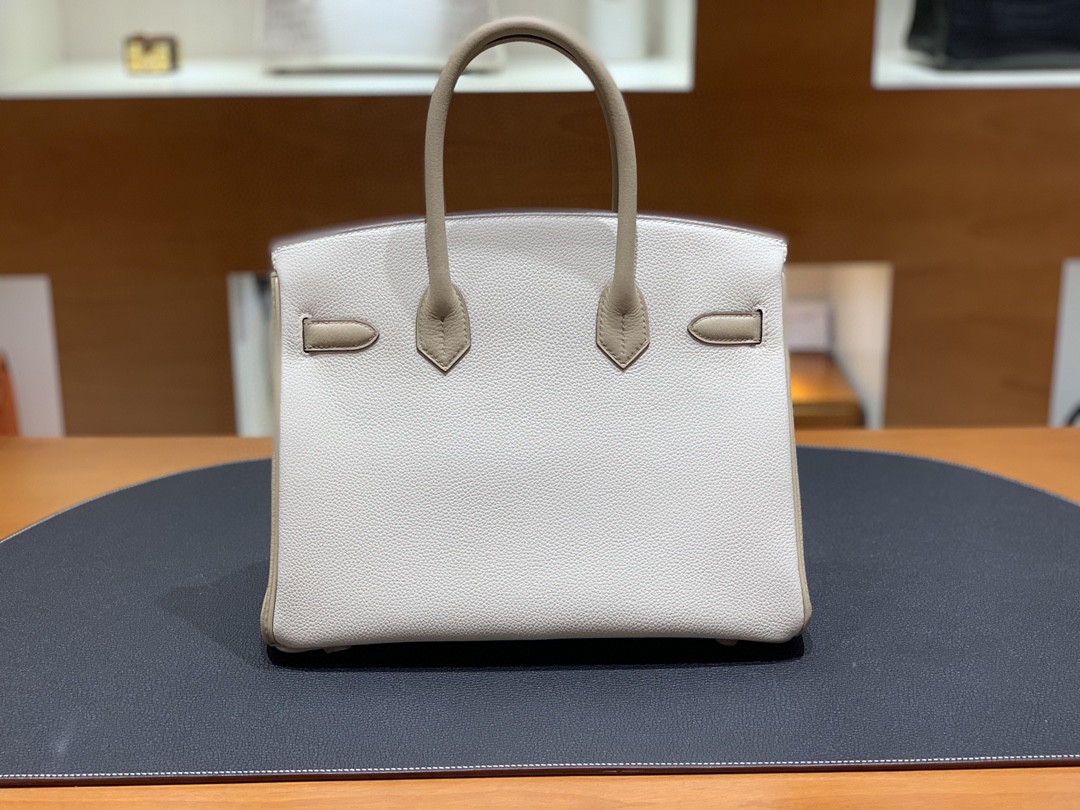 Hermès（爱马仕）Birkin 铂金包 Togo 奶昔白 拼 风衣灰 金扣 30cm