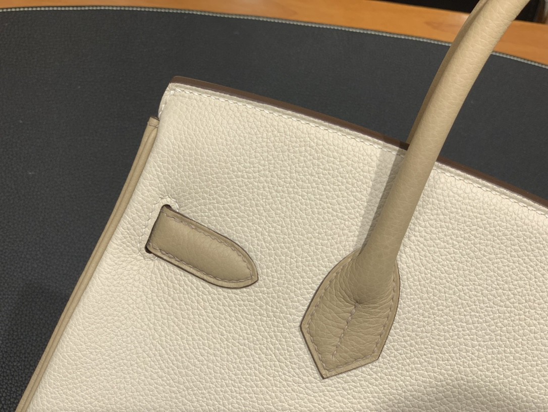 Hermès（爱马仕）Birkin 铂金包 Togo 奶昔白 拼 风衣灰 金扣 30cm