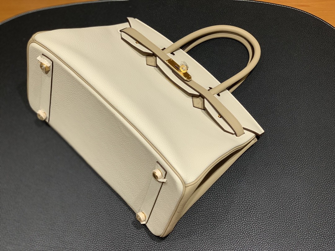Hermès（爱马仕）Birkin 铂金包 Togo 奶昔白 拼 风衣灰 金扣 30cm
