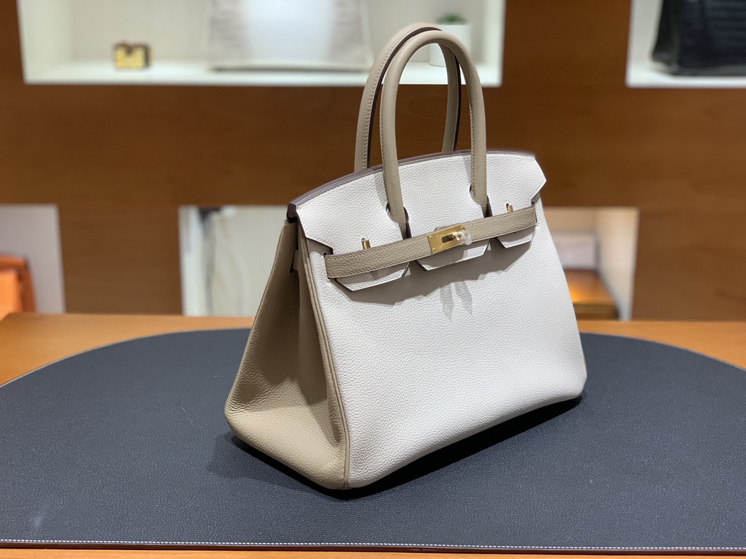 Hermès（爱马仕）Birkin 铂金包 Togo 奶昔白 拼 风衣灰 金扣 30cm