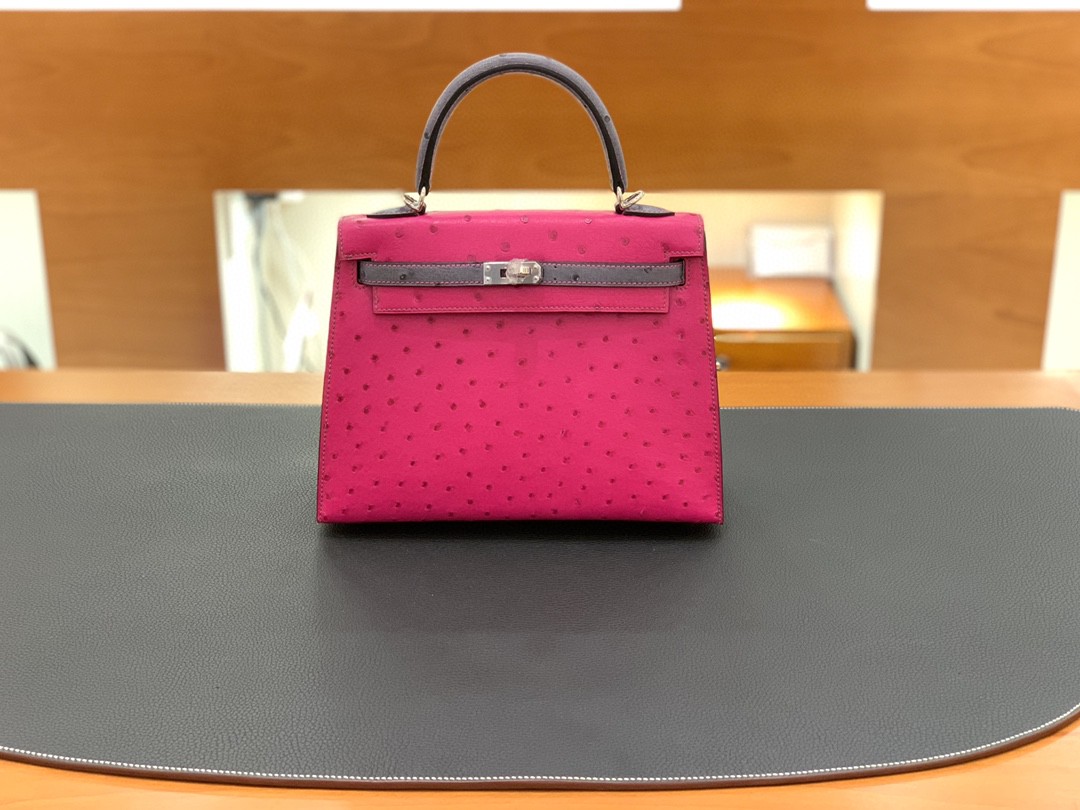 Hermès（爱马仕）Kelly 凯莉包 鸵鸟皮 桃红 拼 玛瑙灰 银扣 25cm