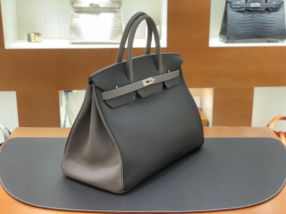 Hermès（爱马仕）Birkin 铂金包 Togo 黑色 拼 锡器灰 银扣 40cm