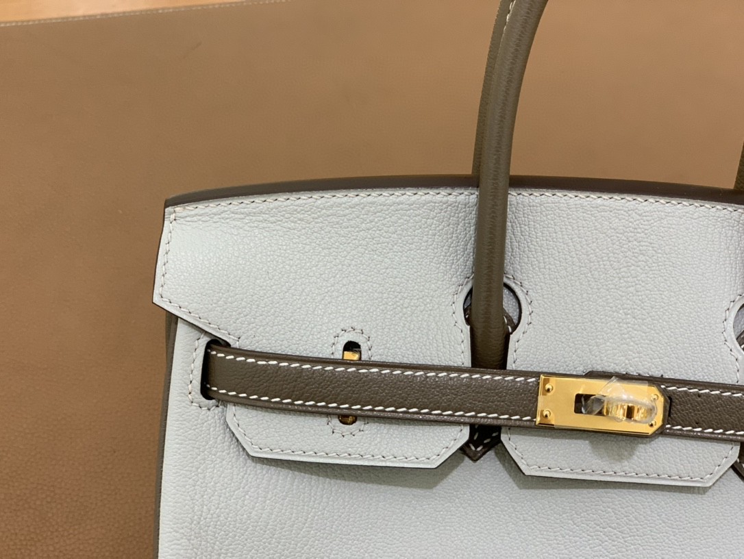 Hermès（爱马仕）Birkin 铂金包 山羊皮 珍珠灰 拼 大象灰 金扣 25cm