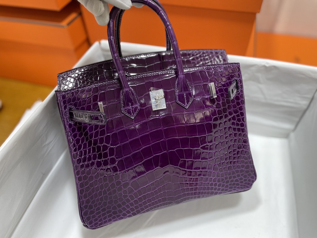 Hermès（爱马仕）Birkin 铂金包 亮面美洲鳄 葡萄紫 银扣 25cm