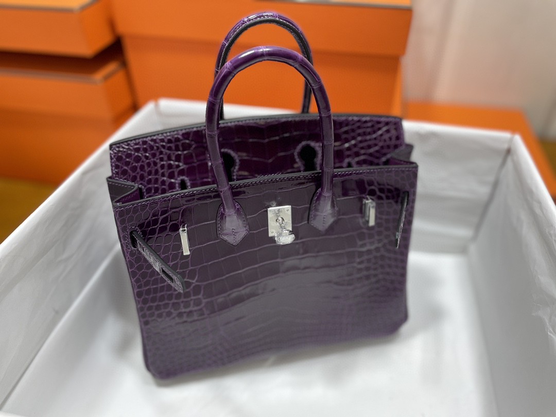 Hermès（爱马仕）Birkin 铂金包 亮面美洲鳄 葡萄紫 银扣 25cm