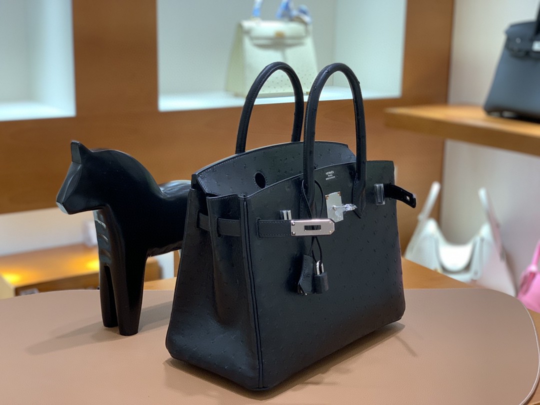 Hermès（爱马仕）Birkin 铂金包 南非鸵鸟皮 黑色 银扣 30cm