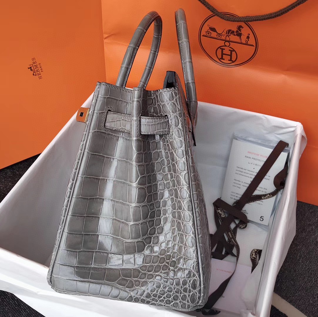 Hermès（爱马仕）Birkin 铂金包 野生湾鳄 亮面 斑鸠灰 金扣 30cm