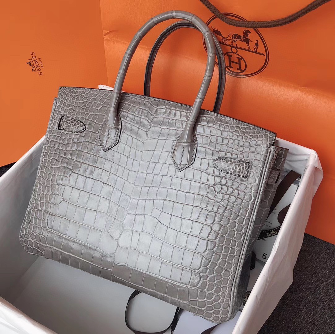 Hermès（爱马仕）Birkin 铂金包 野生湾鳄 亮面 斑鸠灰 金扣 30cm