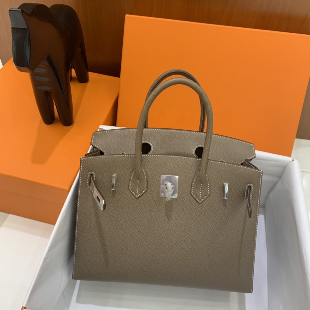 Hermès（爱马仕）Birkin 铂金包 Epsom 大象灰 银扣 30cm 外缝