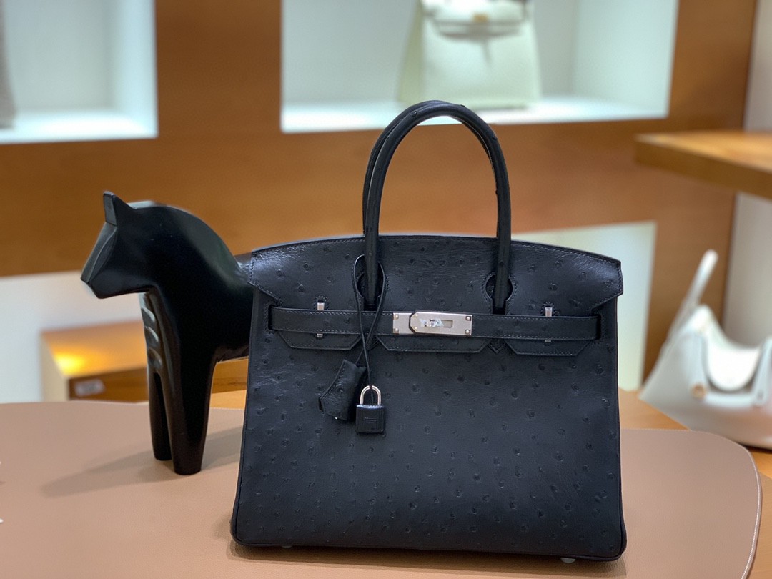 Hermès（爱马仕）Birkin 铂金包 南非鸵鸟皮 黑色 银扣 30cm