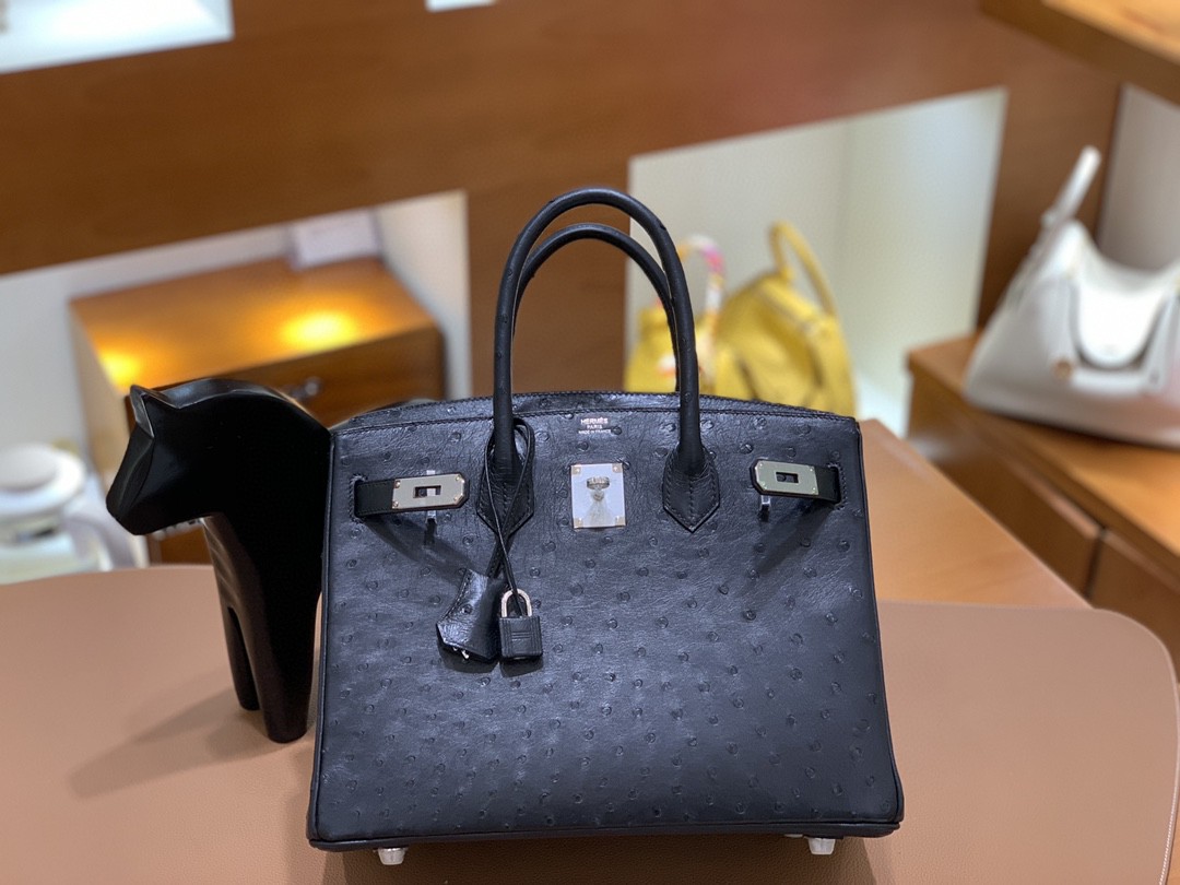 Hermès（爱马仕）Birkin 铂金包 南非鸵鸟皮 黑色 银扣 30cm