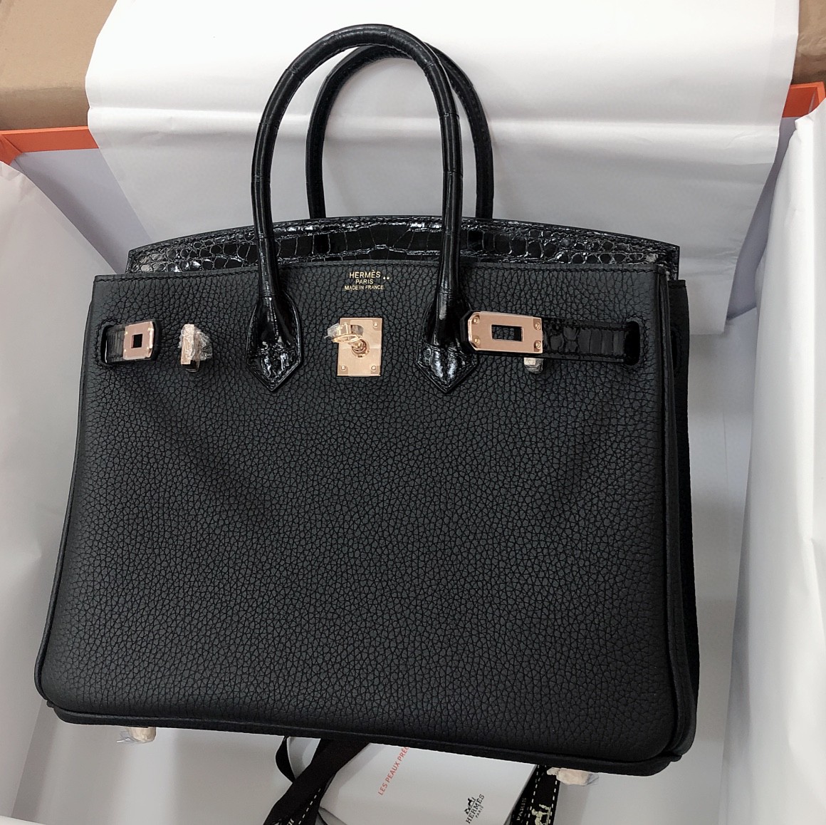 Hermès（爱马仕）Birkin Touch togo 拼 尼罗鳄 黑色 玫瑰金扣 25cm