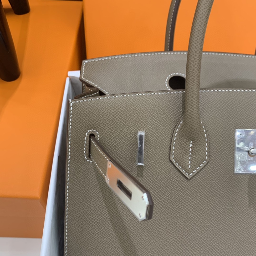 Hermès（爱马仕）Birkin 铂金包 Epsom 大象灰 银扣 30cm 外缝