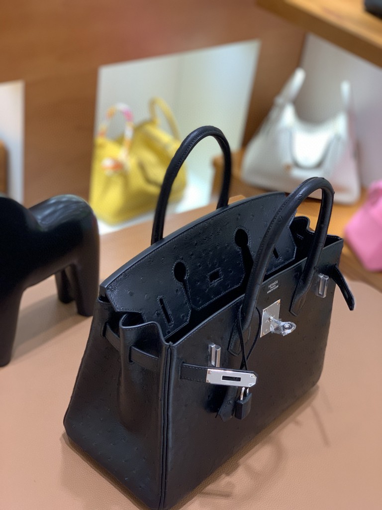 Hermès（爱马仕）Birkin 铂金包 南非鸵鸟皮 黑色 银扣 30cm