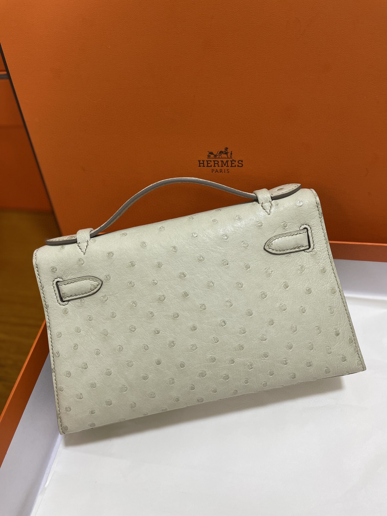 Hermès（爱马仕）mini Kelly 迷你凯莉 南非kk鸵鸟 8L 冰川白 银扣 22cm