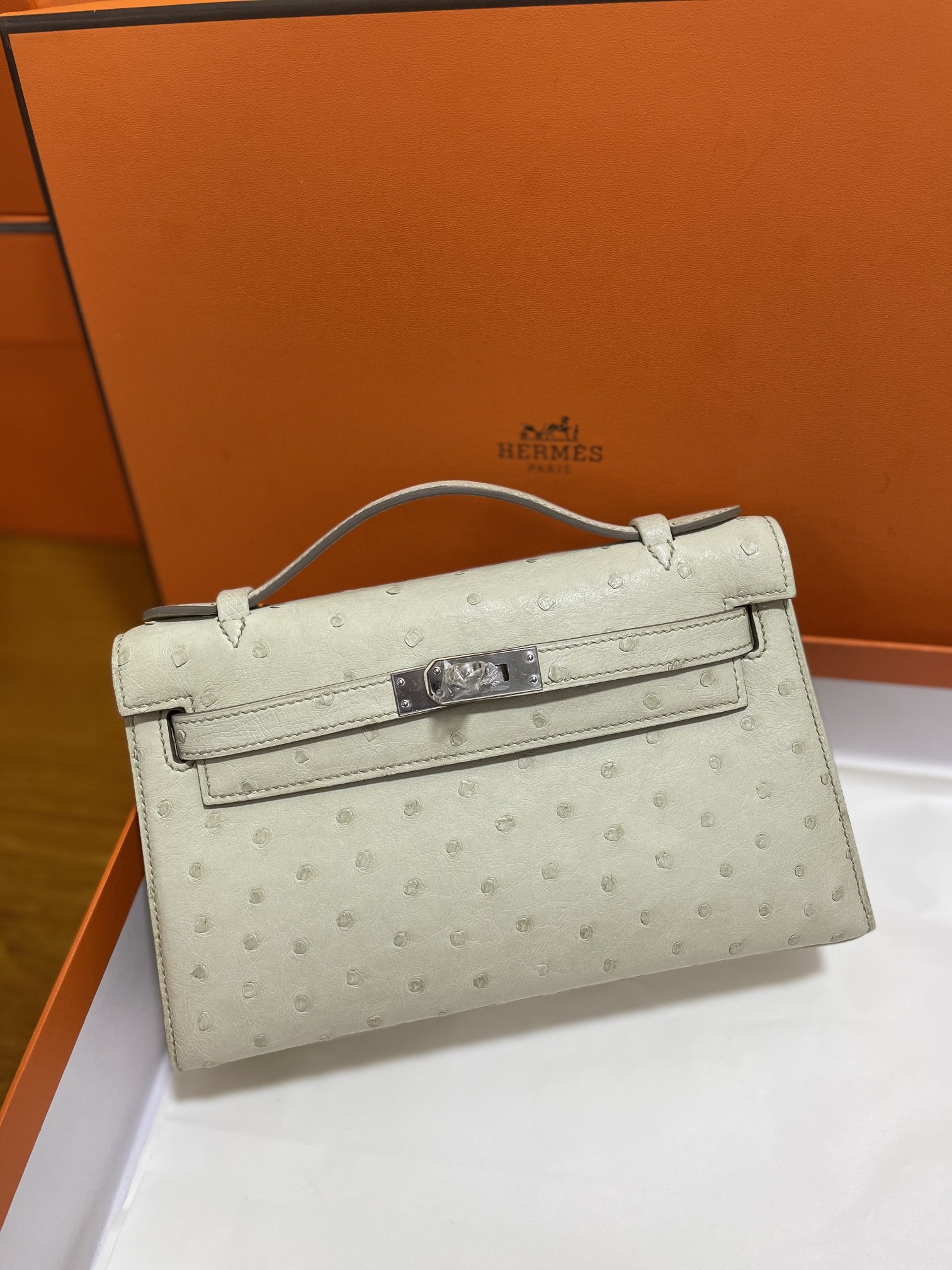 Hermès（爱马仕）mini Kelly 迷你凯莉 南非kk鸵鸟 8L 冰川白 银扣 22cm