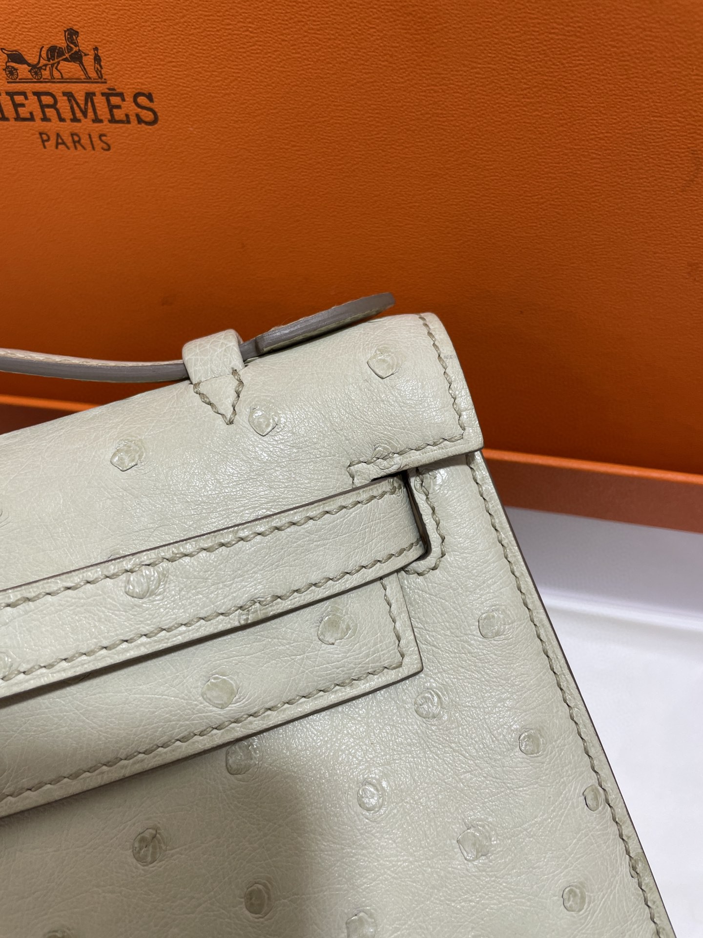 Hermès（爱马仕）mini Kelly 迷你凯莉 南非kk鸵鸟 8L 冰川白 银扣 22cm
