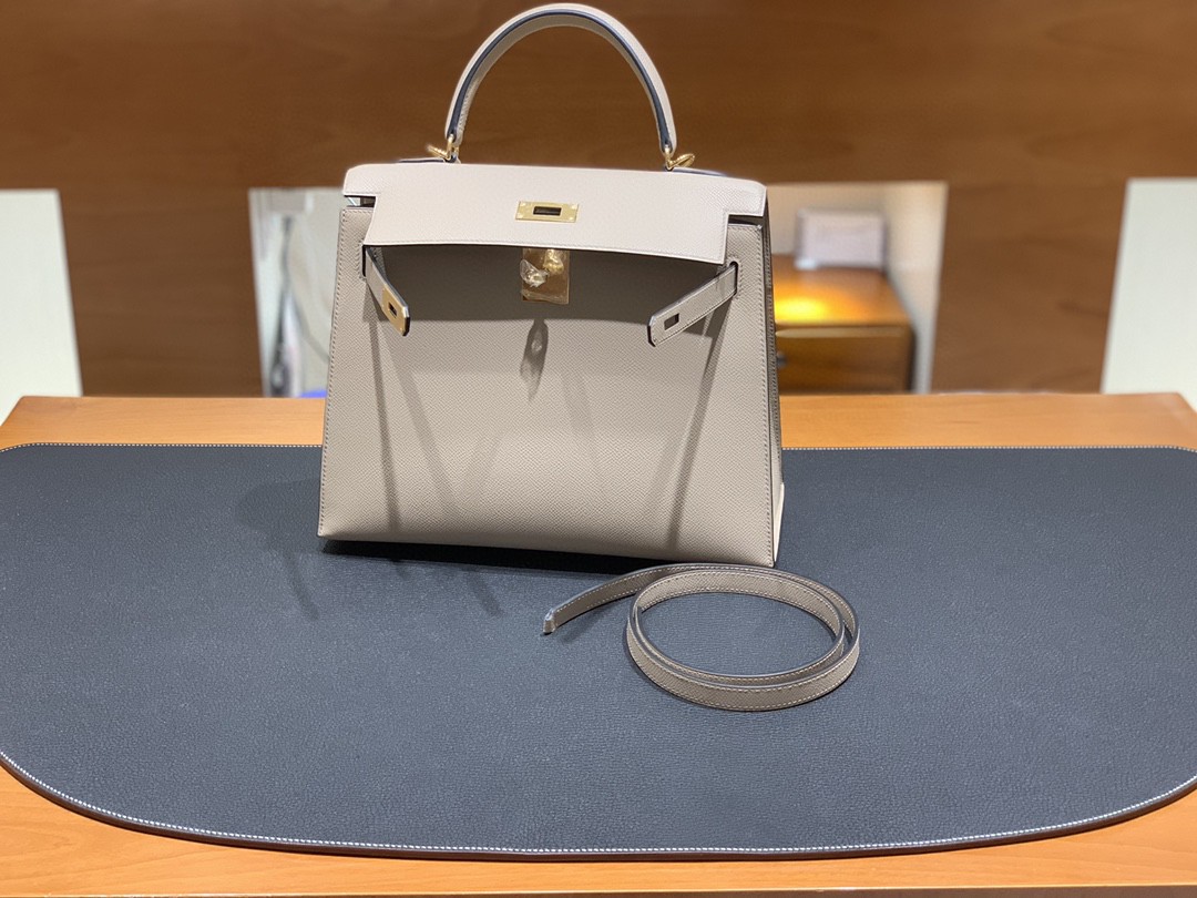 Hermès（爱马仕）Kelly 凯莉包 Epsom 斑鸠灰 金扣 28cm
