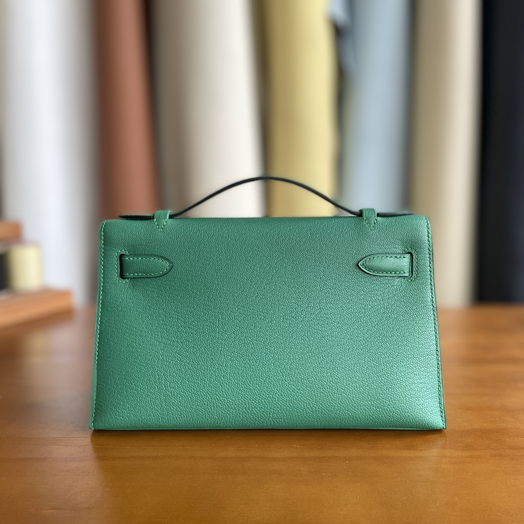 Hermès（爱马仕）mini kelly Pochette 山羊皮 u4 丝绒绿 银扣 22cm