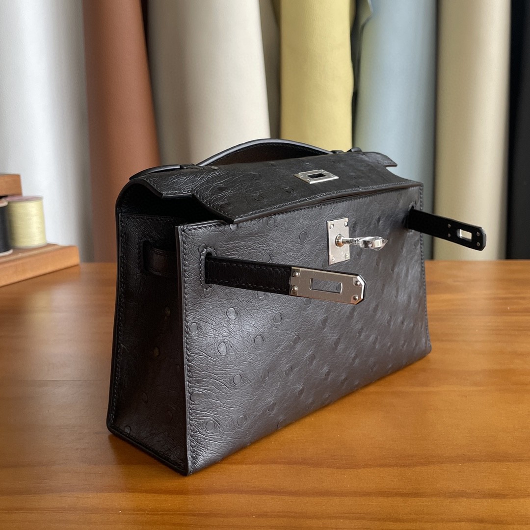 Hermès（爱马仕）mini kelly 迷你凯莉 南非 Kk 鸵鸟 黑色 银扣 22cm