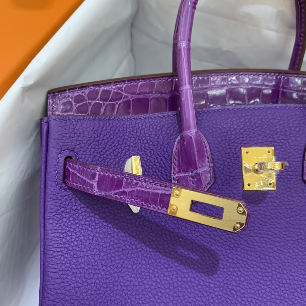 Hermès（爱马仕）Birkin Touch 铂金包 Togo 拼 鳄鱼皮 9W 梦幻紫 金扣 25cm