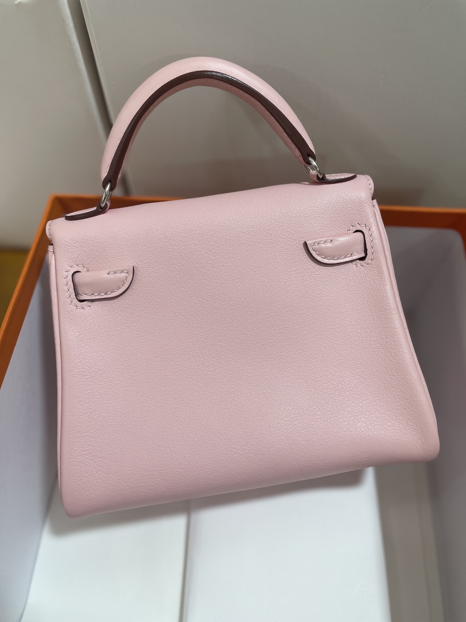 Hermès（爱马仕）Kelly doll 娃娃包 Swift 樱花粉 拼 咖啡色 银扣 16cm