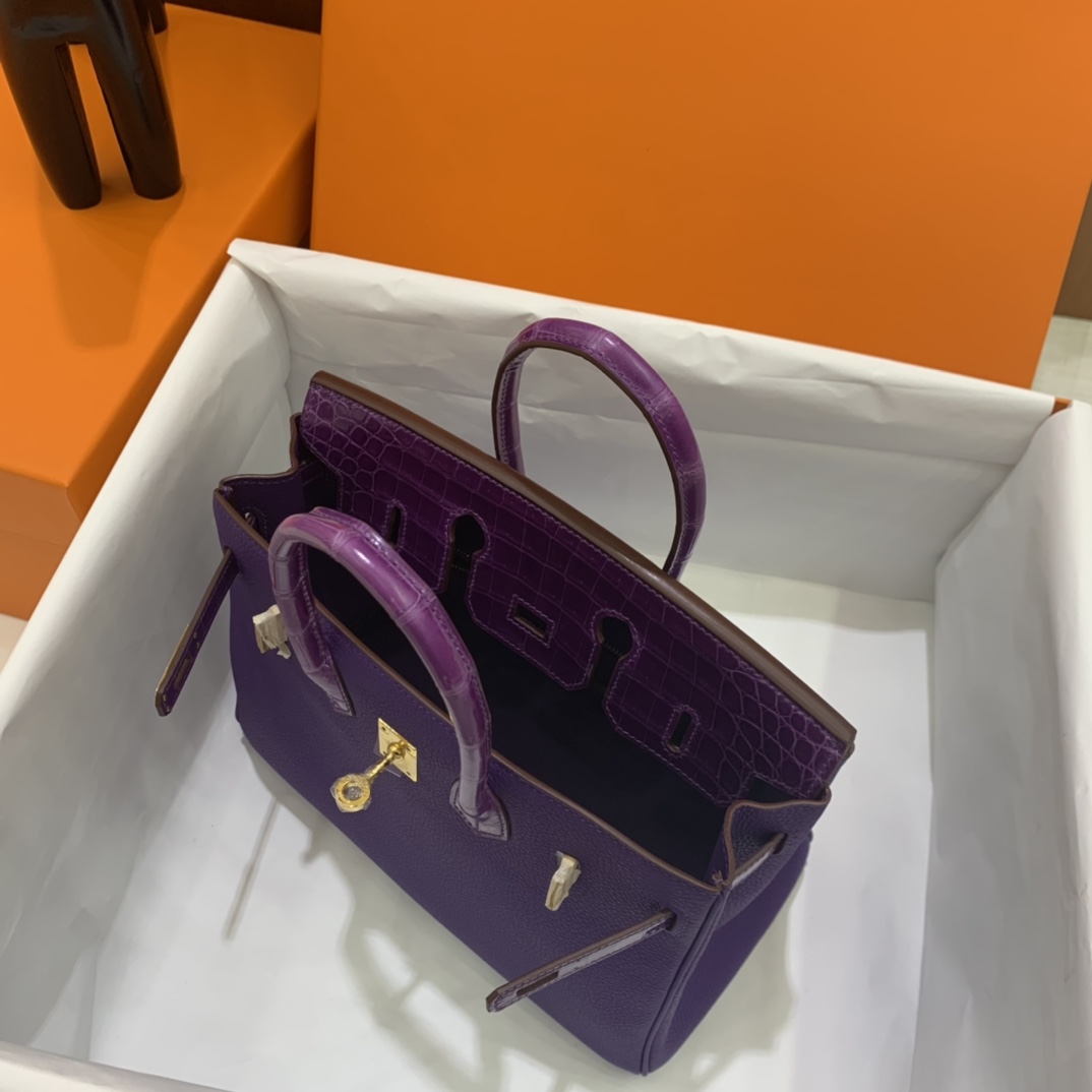 Hermès（爱马仕）Birkin Touch 铂金包 Togo 拼 鳄鱼皮 9W 梦幻紫 金扣 25cm