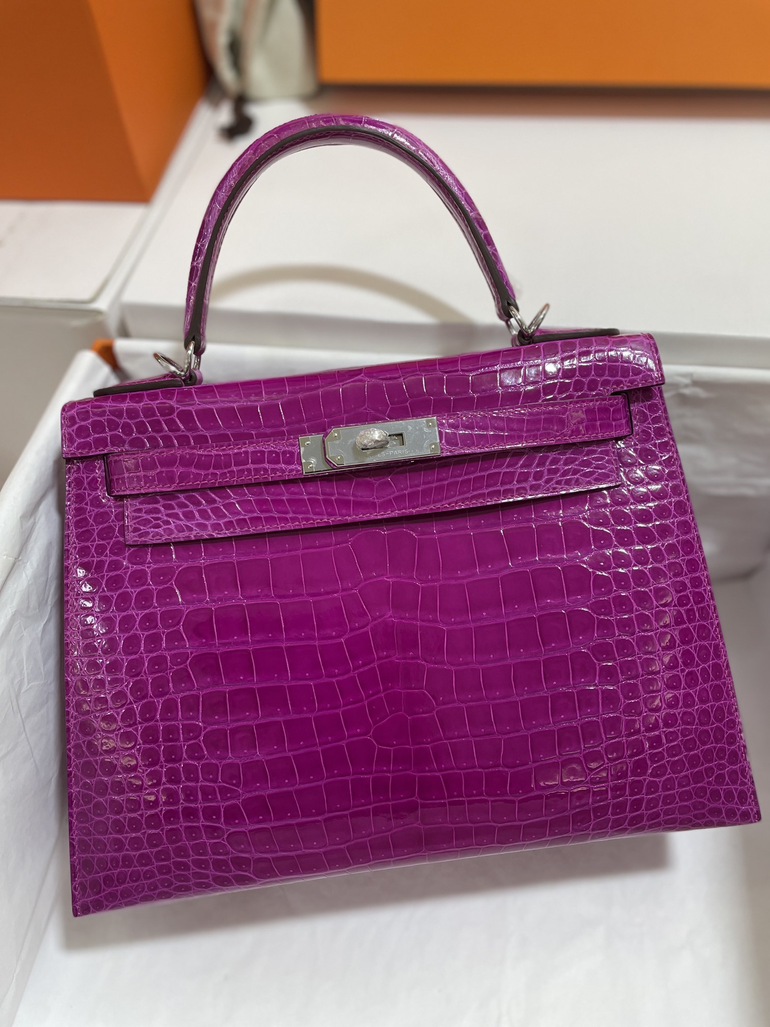 Hermès（爱马仕）Kelly 凯莉包 野生湾鳄 天方夜谭紫 银扣 28cm