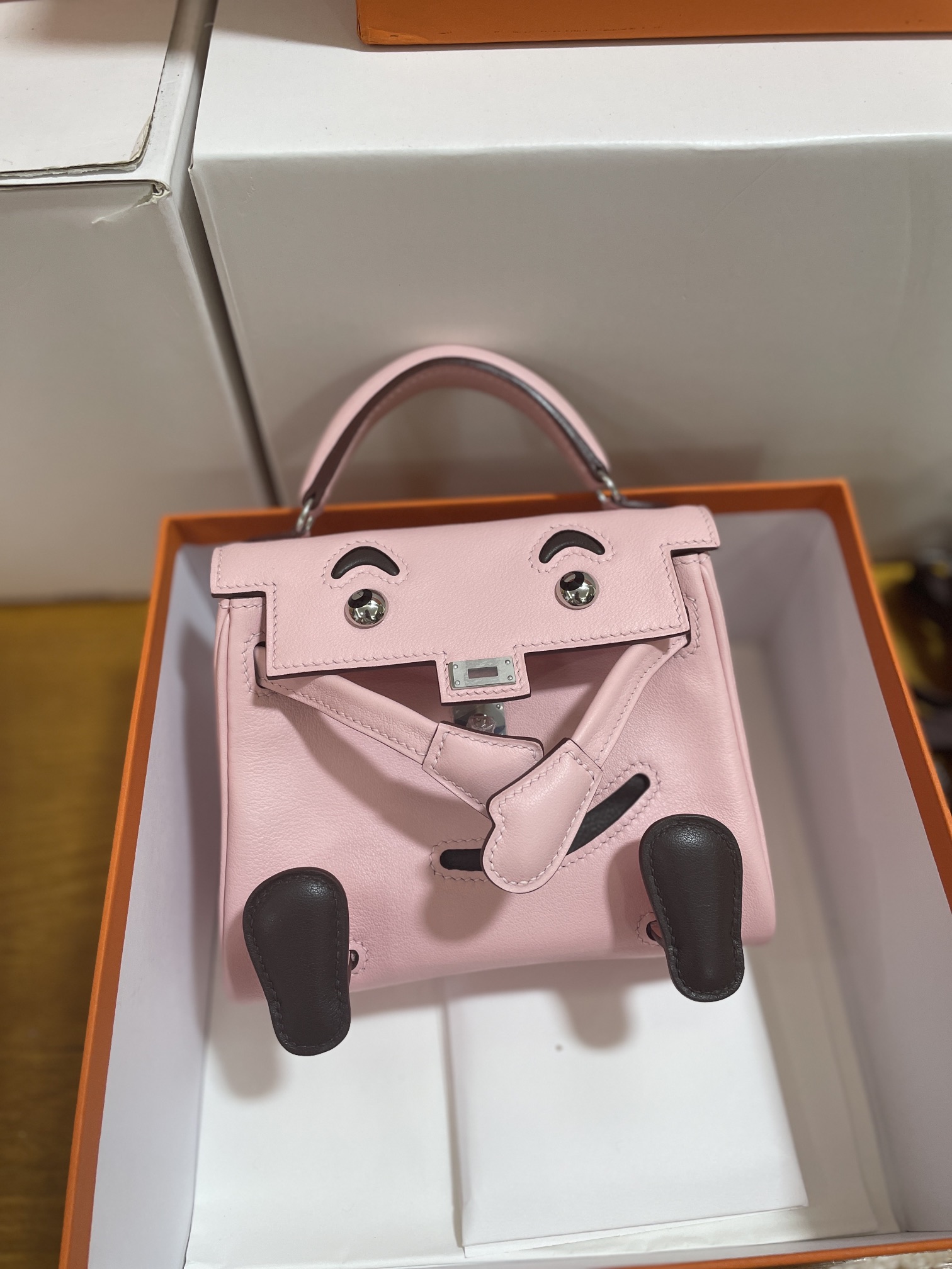 Hermès（爱马仕）Kelly doll 娃娃包 Swift 樱花粉 拼 咖啡色 银扣 16cm