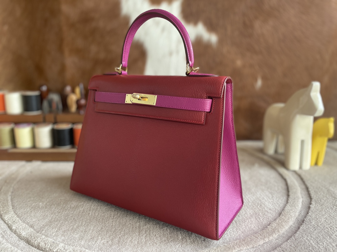 Hermès（爱马仕）Kelly 凯莉包 Chevre 山羊皮 Q5 国旗红 拼 L3 玫瑰紫 金扣 28cm