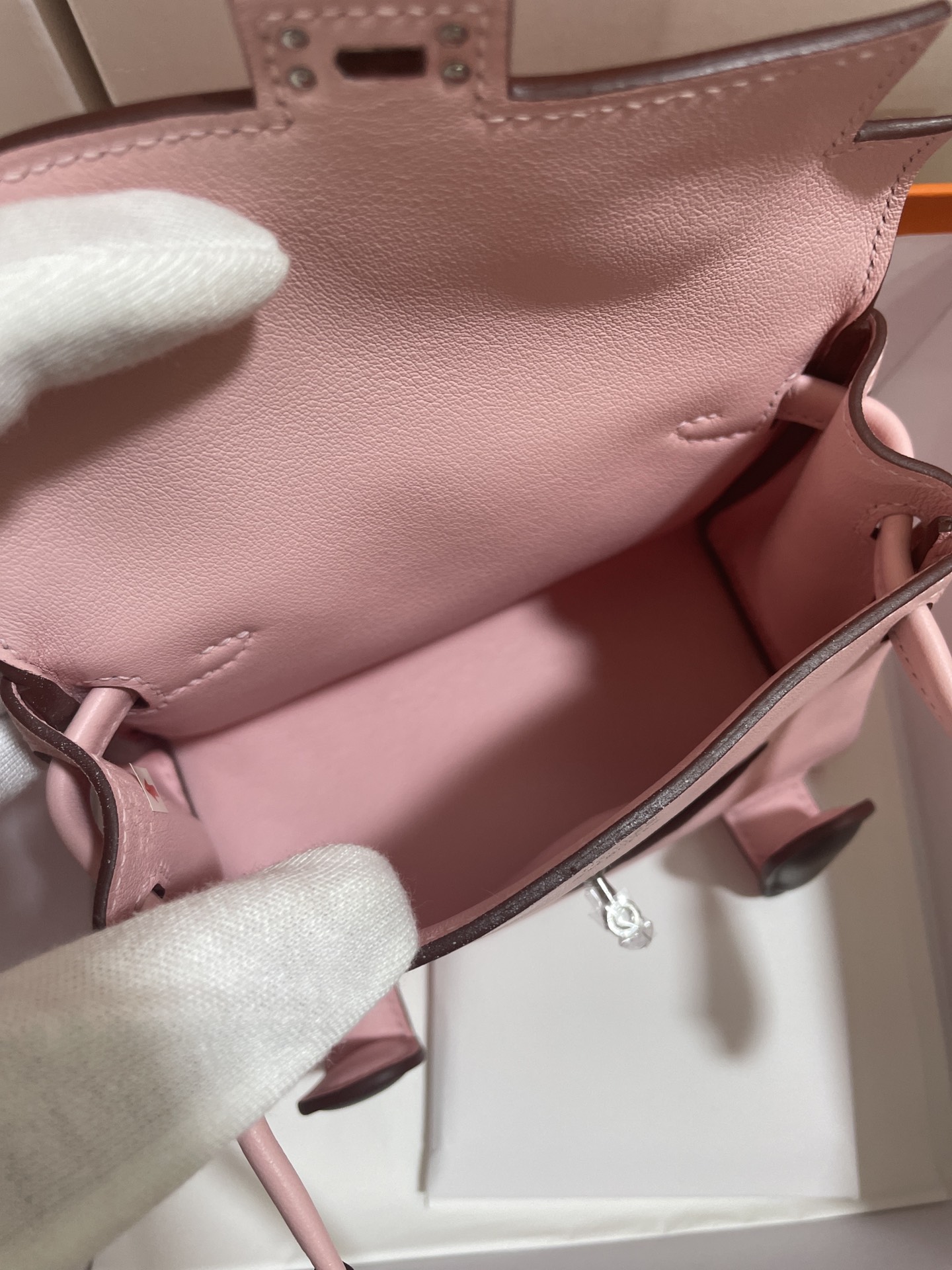 Hermès（爱马仕）Kelly doll 娃娃包 Swift 樱花粉 拼 咖啡色 银扣 16cm