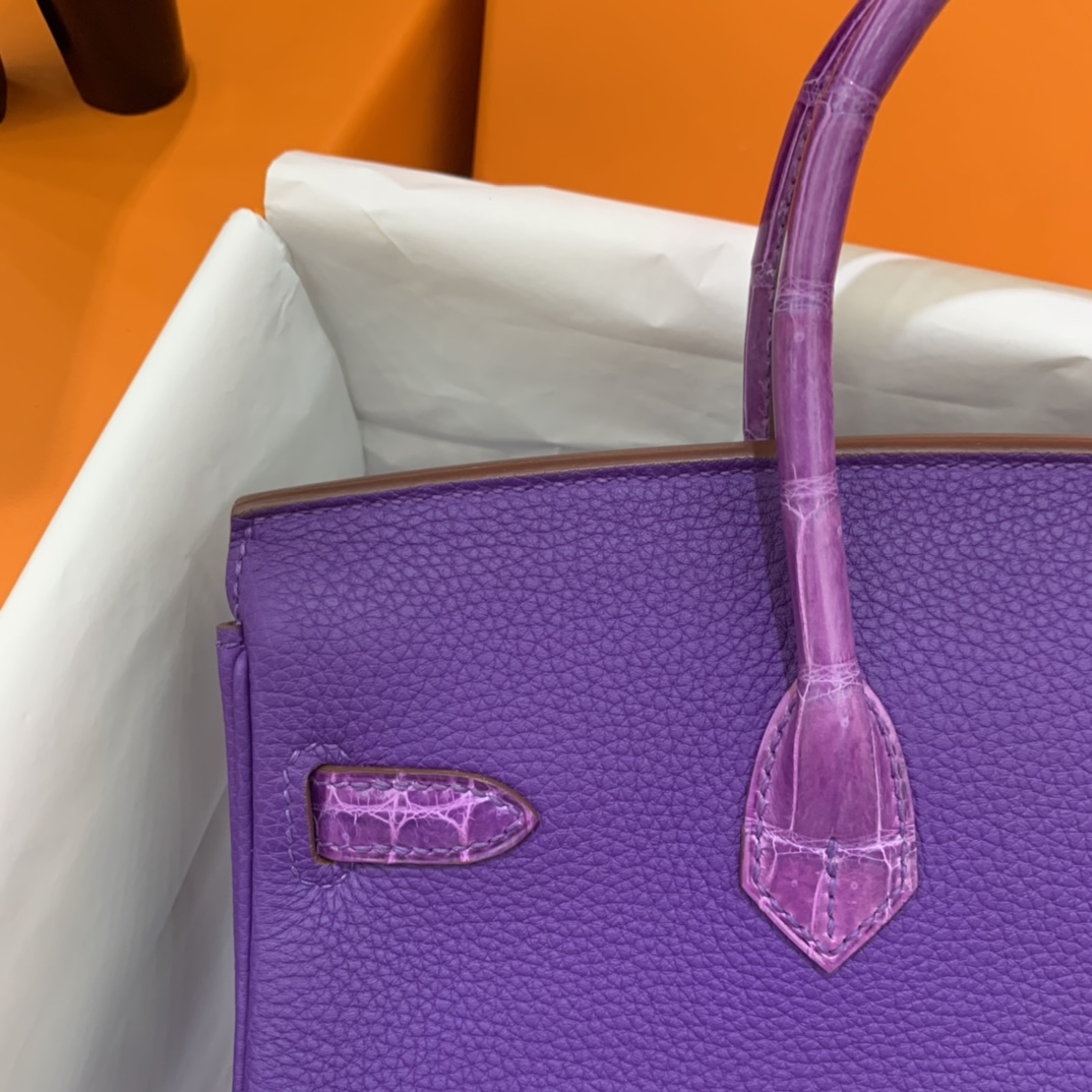 Hermès（爱马仕）Birkin Touch 铂金包 Togo 拼 鳄鱼皮 9W 梦幻紫 金扣 25cm