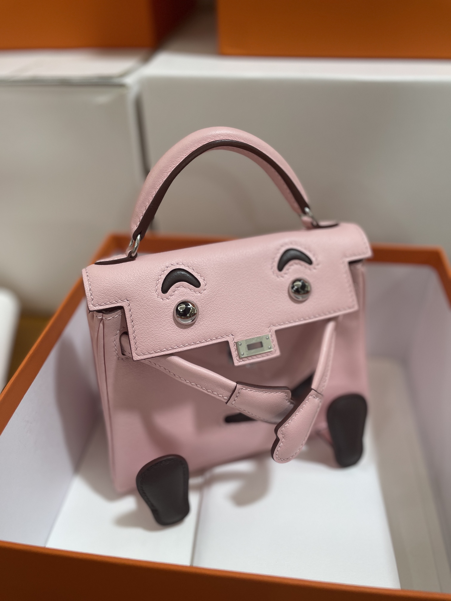 Hermès（爱马仕）Kelly doll 娃娃包 Swift 樱花粉 拼 咖啡色 银扣 16cm