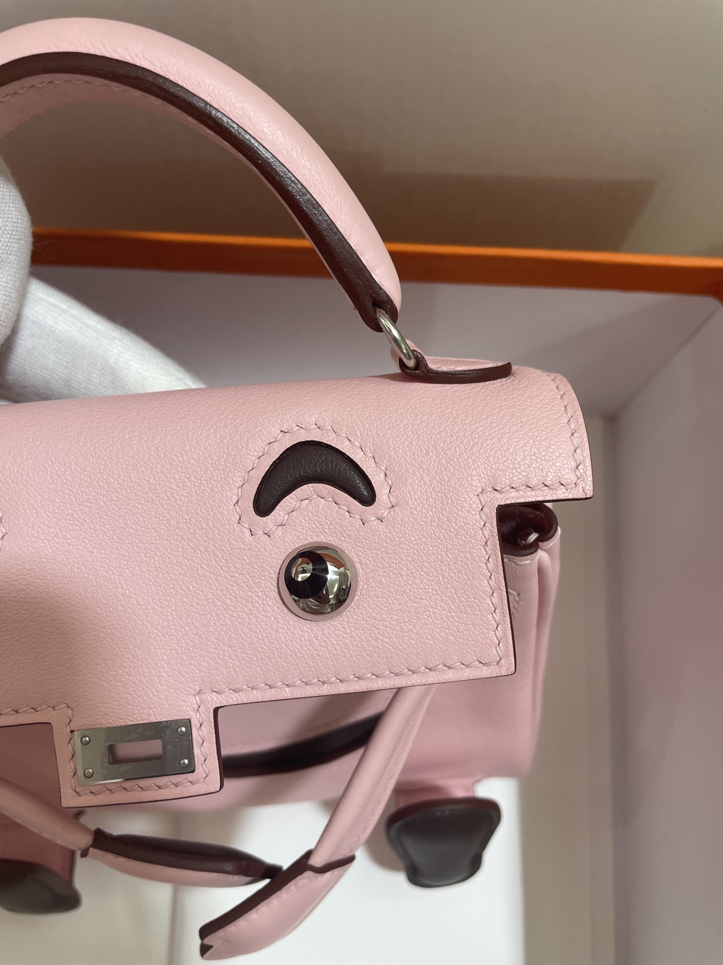 Hermès（爱马仕）Kelly doll 娃娃包 Swift 樱花粉 拼 咖啡色 银扣 16cm