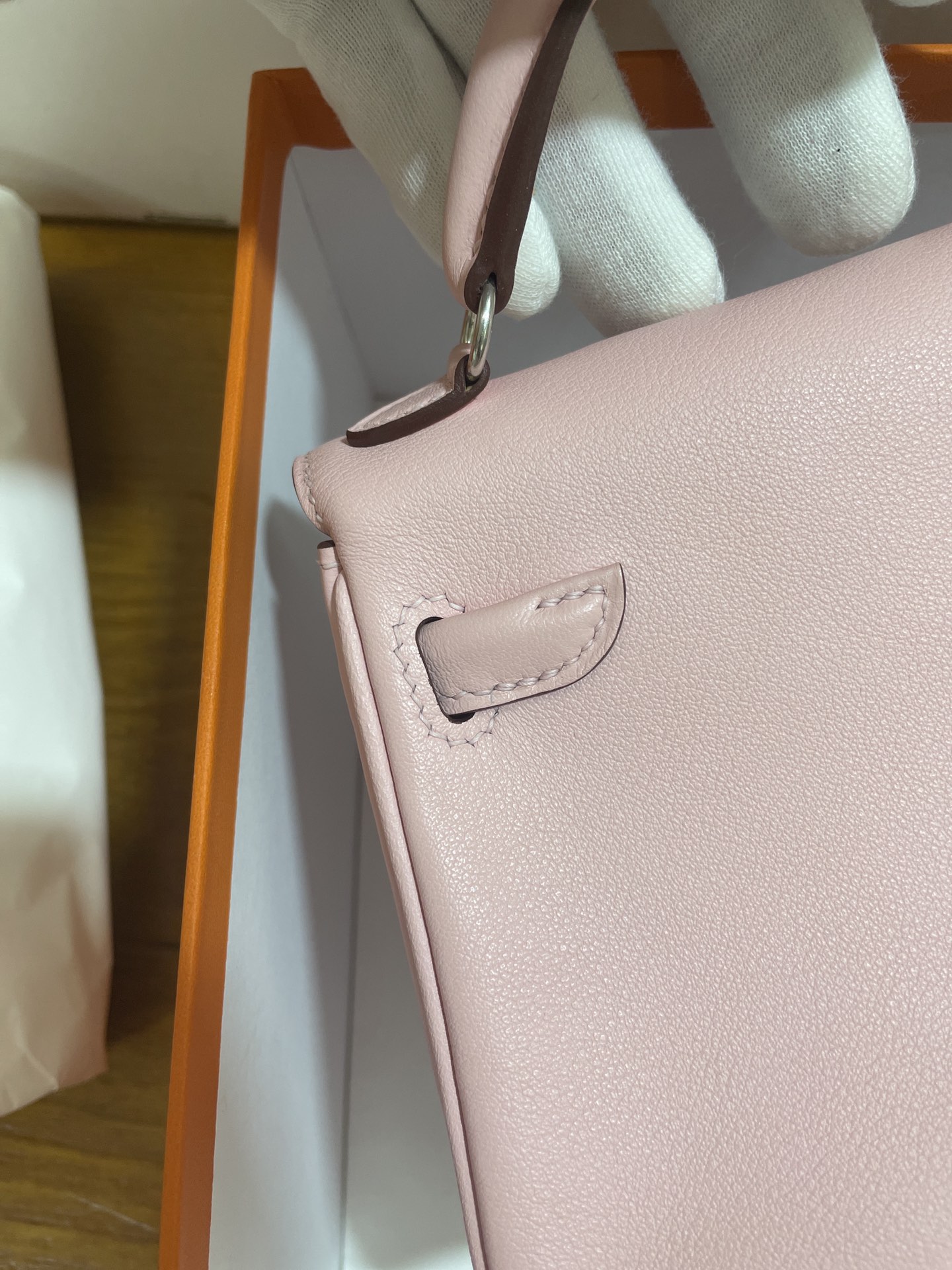 Hermès（爱马仕）Kelly doll 娃娃包 Swift 樱花粉 拼 咖啡色 银扣 16cm