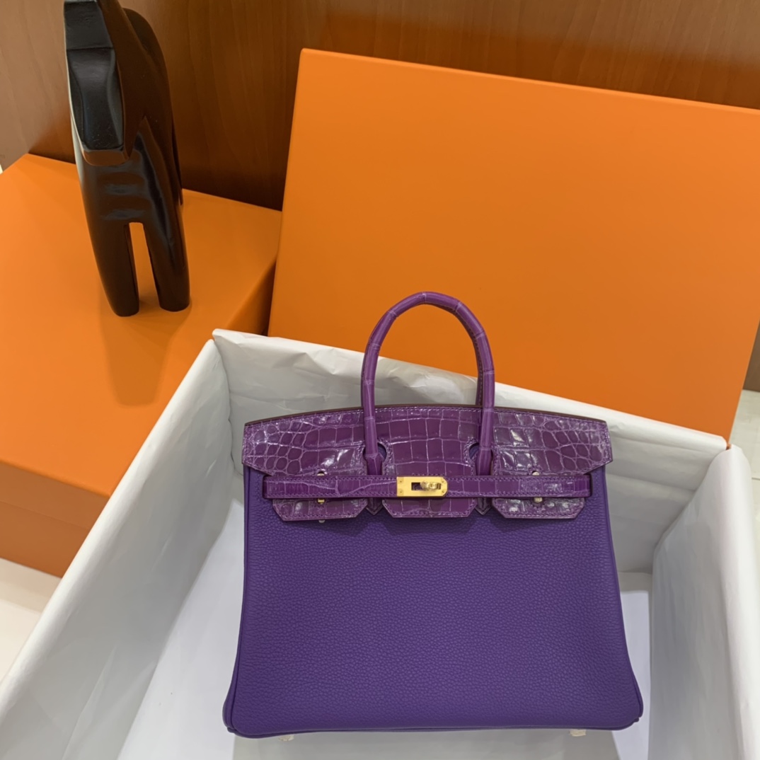 Hermès（爱马仕）Birkin Touch 铂金包 Togo 拼 鳄鱼皮 9W 梦幻紫 金扣 25cm