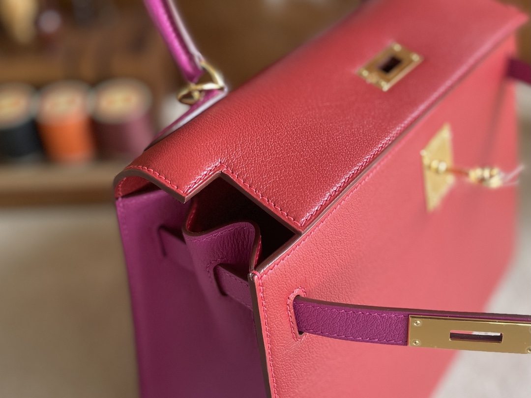 Hermès（爱马仕）Kelly 凯莉包 Chevre 山羊皮 Q5 国旗红 拼 L3 玫瑰紫 金扣 28cm